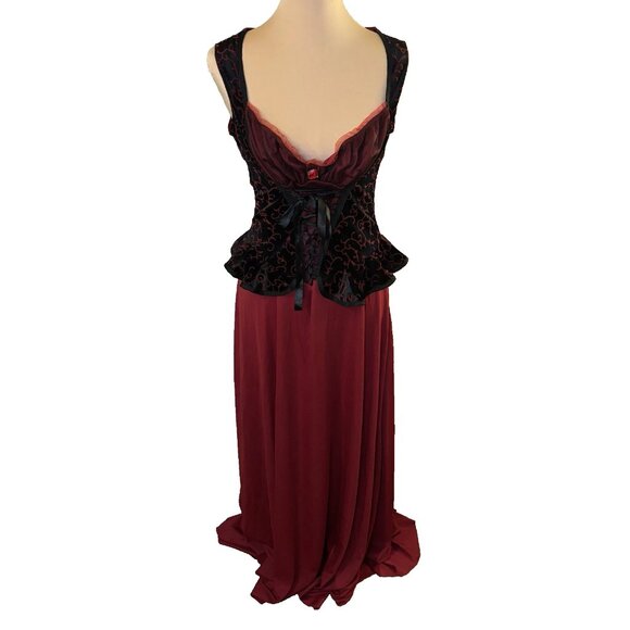 Halloween Costume Long Red Dress Lace Up Bodice Black Velvet Details Size Small - Picture 1 of 10